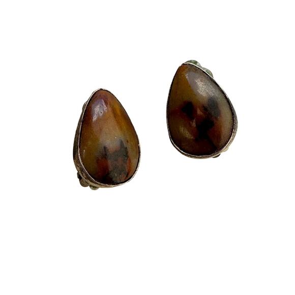 Vintage Sterling Silver Blood Agate Clip On Earrings - Picture 1 of 8